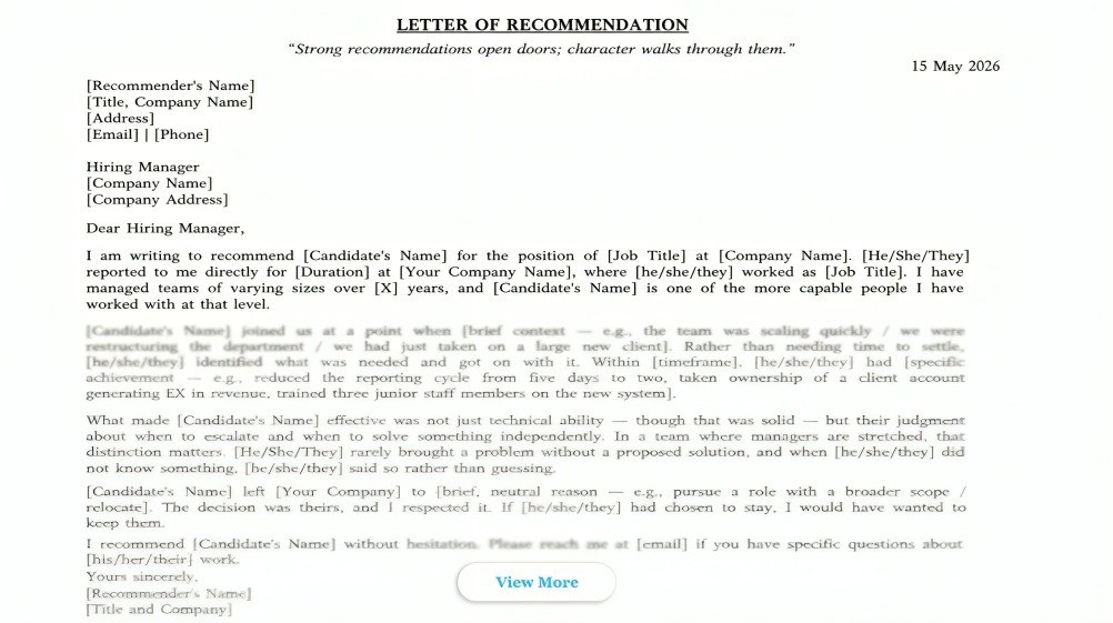 Letter of Recommendation Sample for Job / Employment