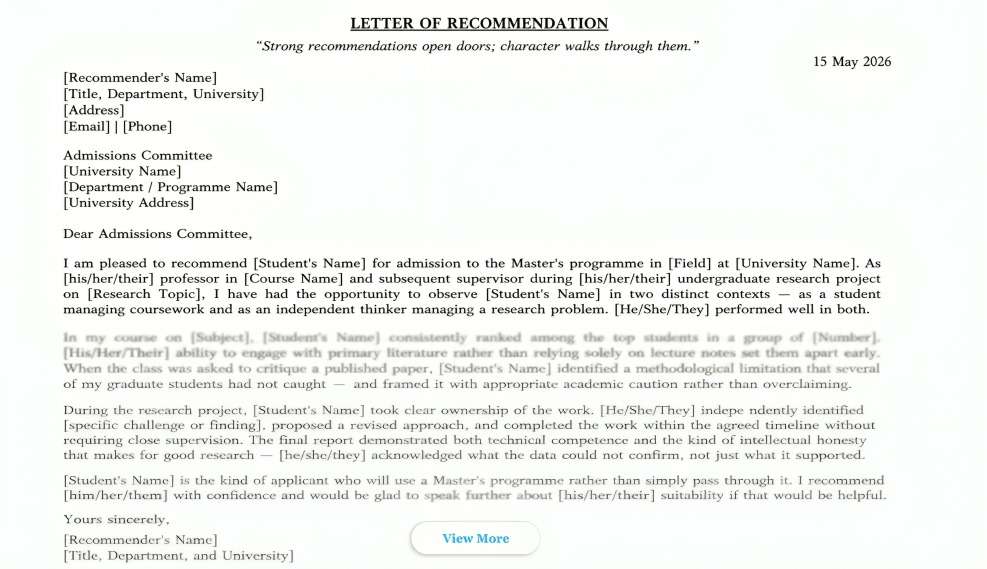 Letter of Recommendation for Masters