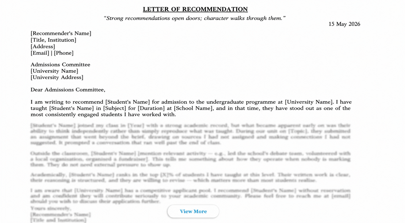 Letter of Recommendation Sample for College / Undergraduate