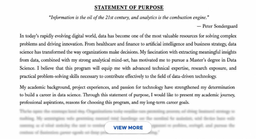 SOP Sample for Masters in Data Science