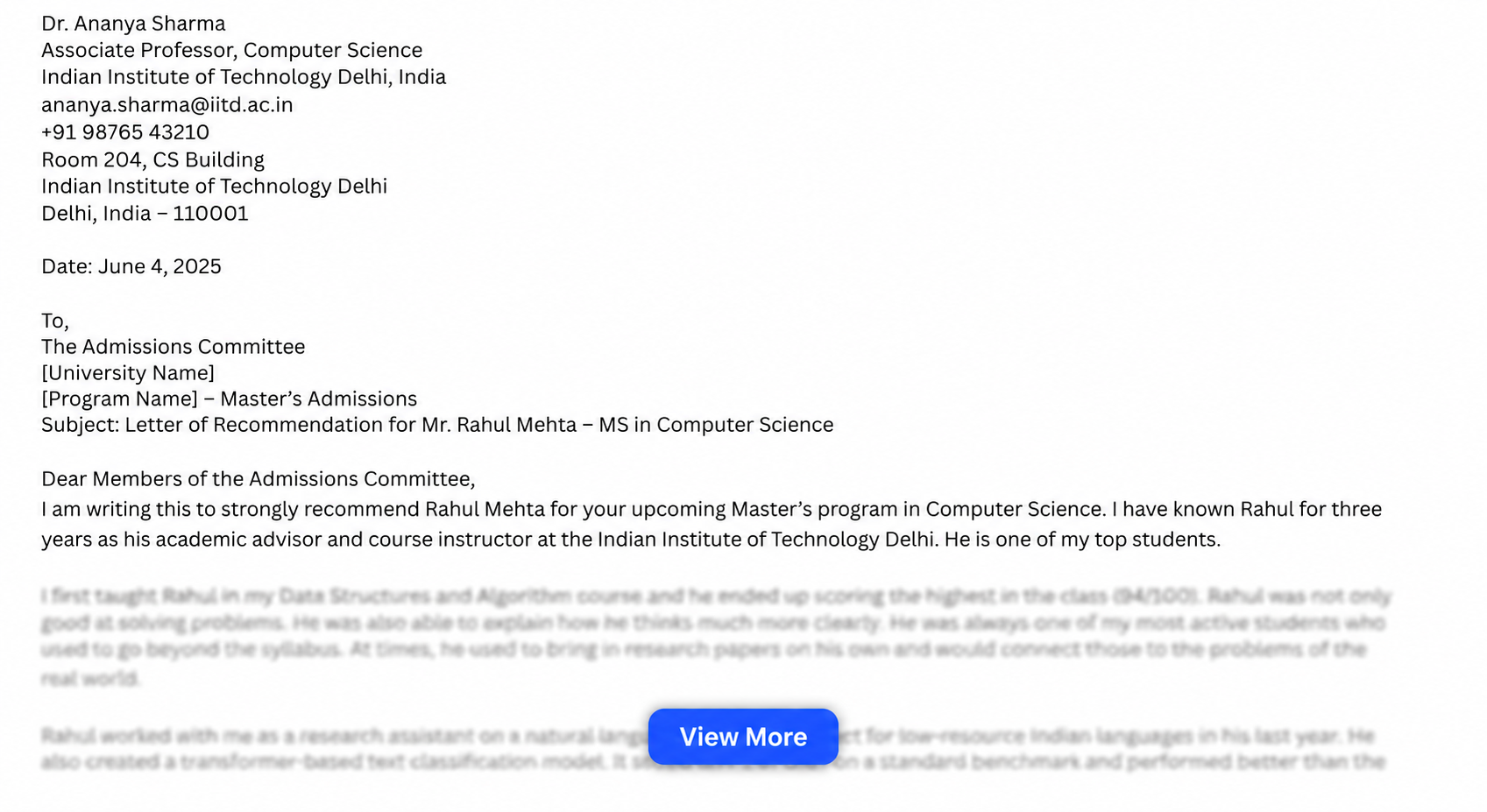 Letter of Recommendation Sample for College / Undergraduate