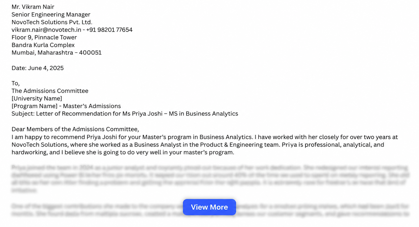 Letter of Recommendation Sample for College / Undergraduate