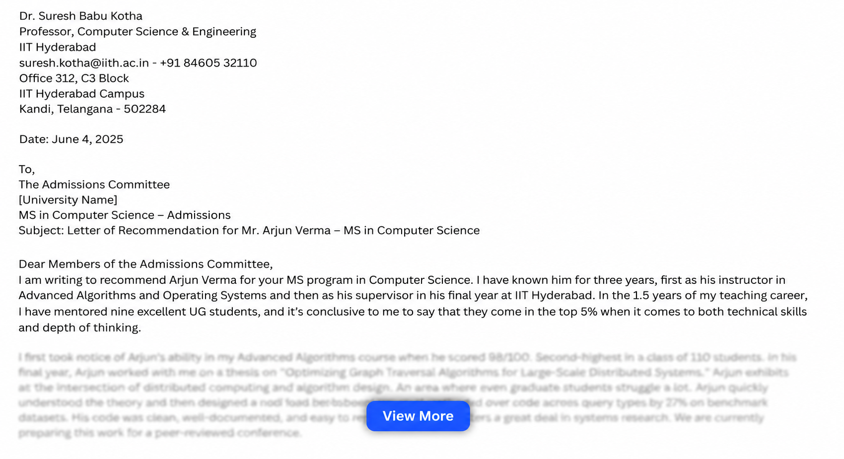 Letter of Recommendation Sample for College / Undergraduate