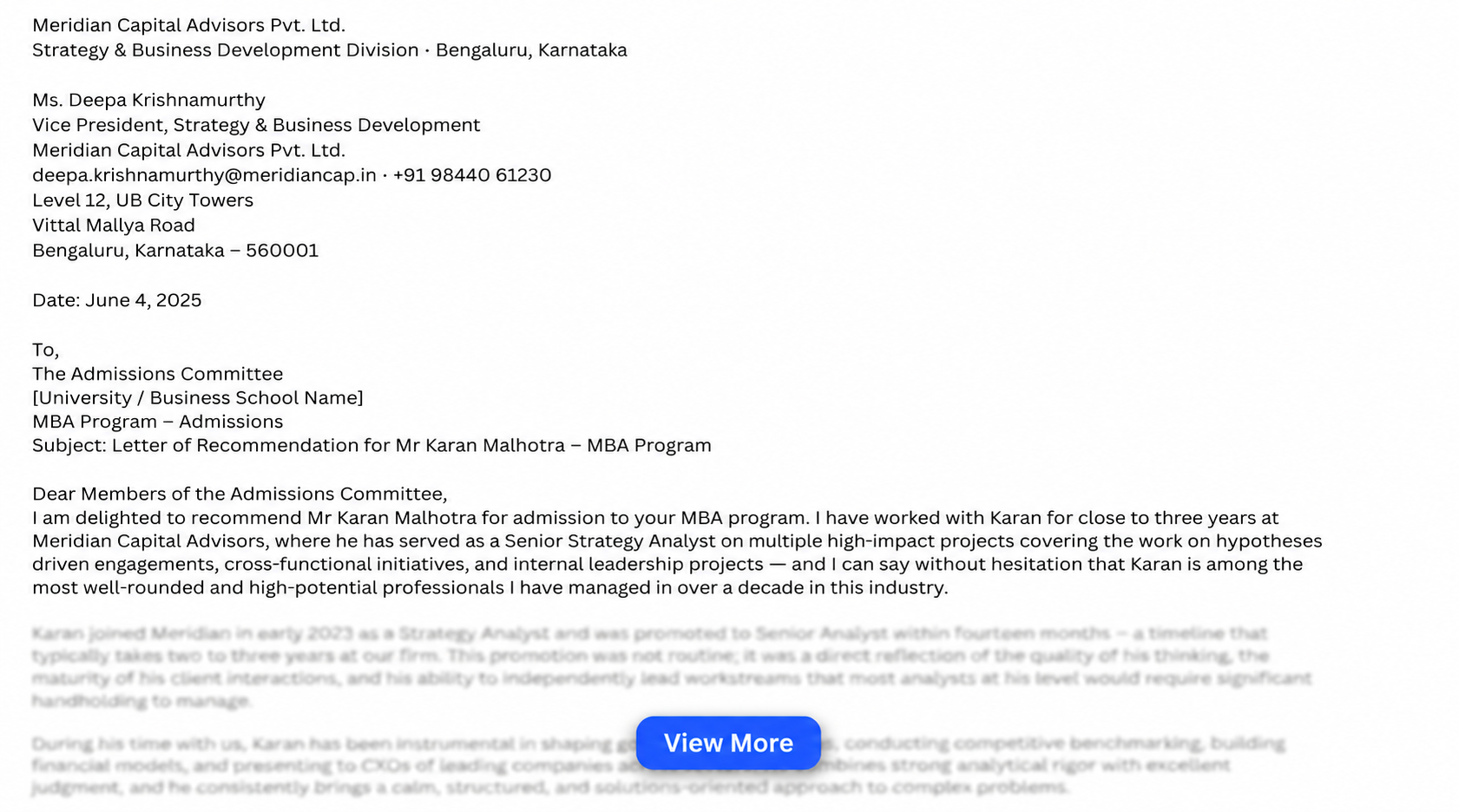 Letter of Recommendation Sample for College / Undergraduate
