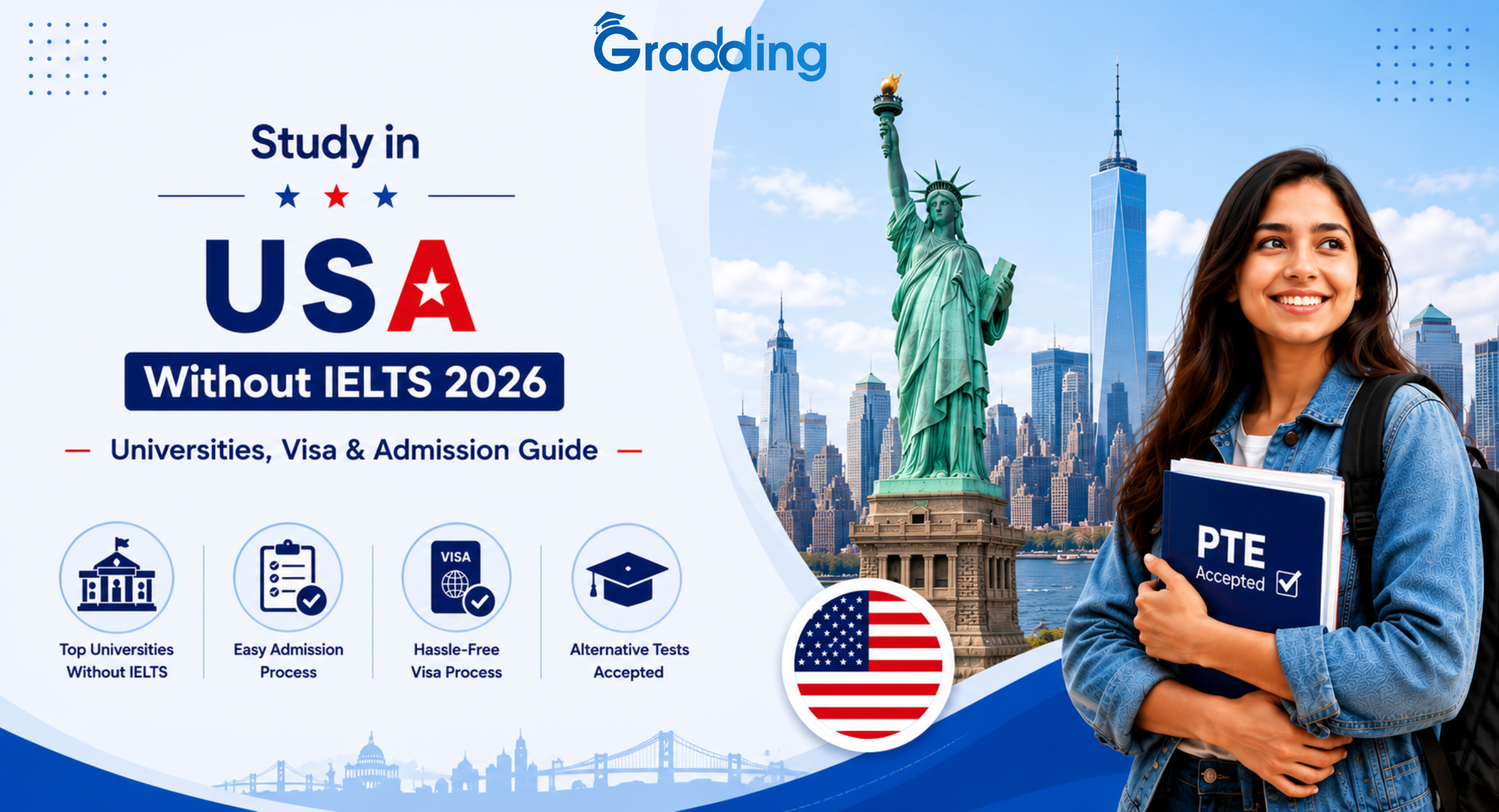 Study in USA Without IELTS 2026 – Universities, Visa & Admission Guide Study in USA Without IELTS 2026 guide showing universities, admission process, visa requirements, and English test alternatives for Indian students.