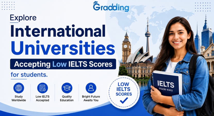 Explore International universities accepting low IELTS scores for students. Top universities accepting low IELTS band scores internationally | Gradding.com